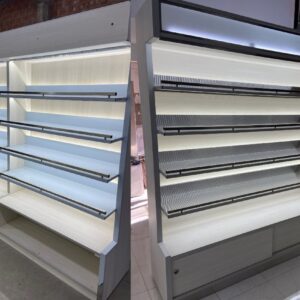 Mueble Facturero Exhibidor con Estantes de Acero Inoxidable y LED